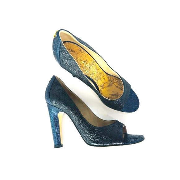 Chanel 2012 CC logo pump Metallic navy Blue Peep toe Embossed Pumps heels EU 36 - Picture 2 of 9